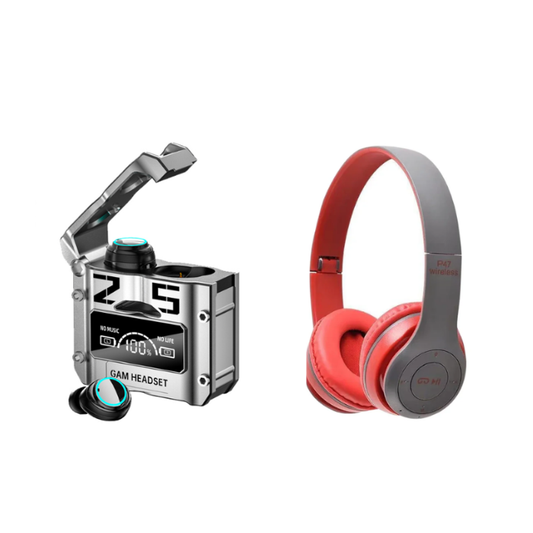 P47 Wireless Bluetooth Headphones and Z5 Gaming TWS Bluetooth 5.2 Wireless Earbuds Combo, Over-Ear Headset with True Wireless Earbuds and Charging Case