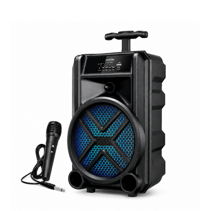 Greatnice GTS-1630 Portable Wireless Speaker with Wired Microphone, 8 Inch Trolley Speaker, FM Radio, USB & Micro SD Support, Rechargeable Battery, Black